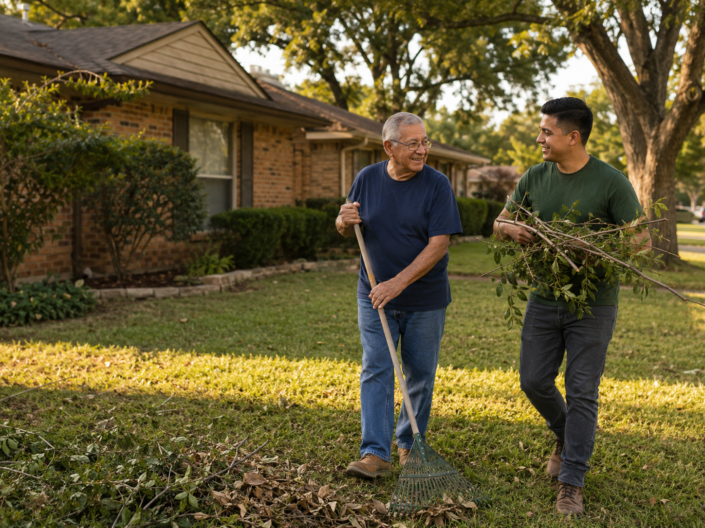 A neighbor helping an older veteran with yard work